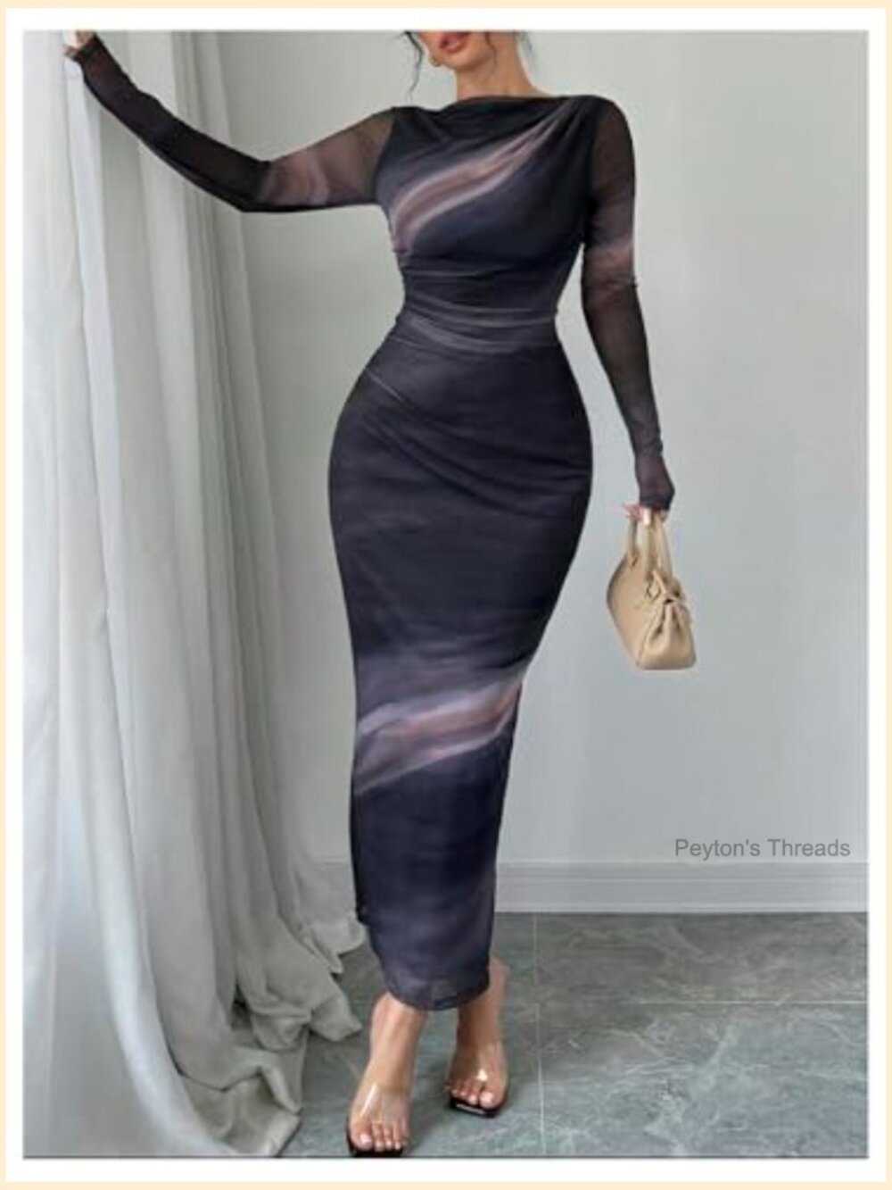 Tie Dye Boat Neck Long Sleeve Ruched Bodycon Maxi Dress - Picture 5 of 5